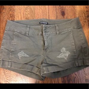 Army green distressed shorts